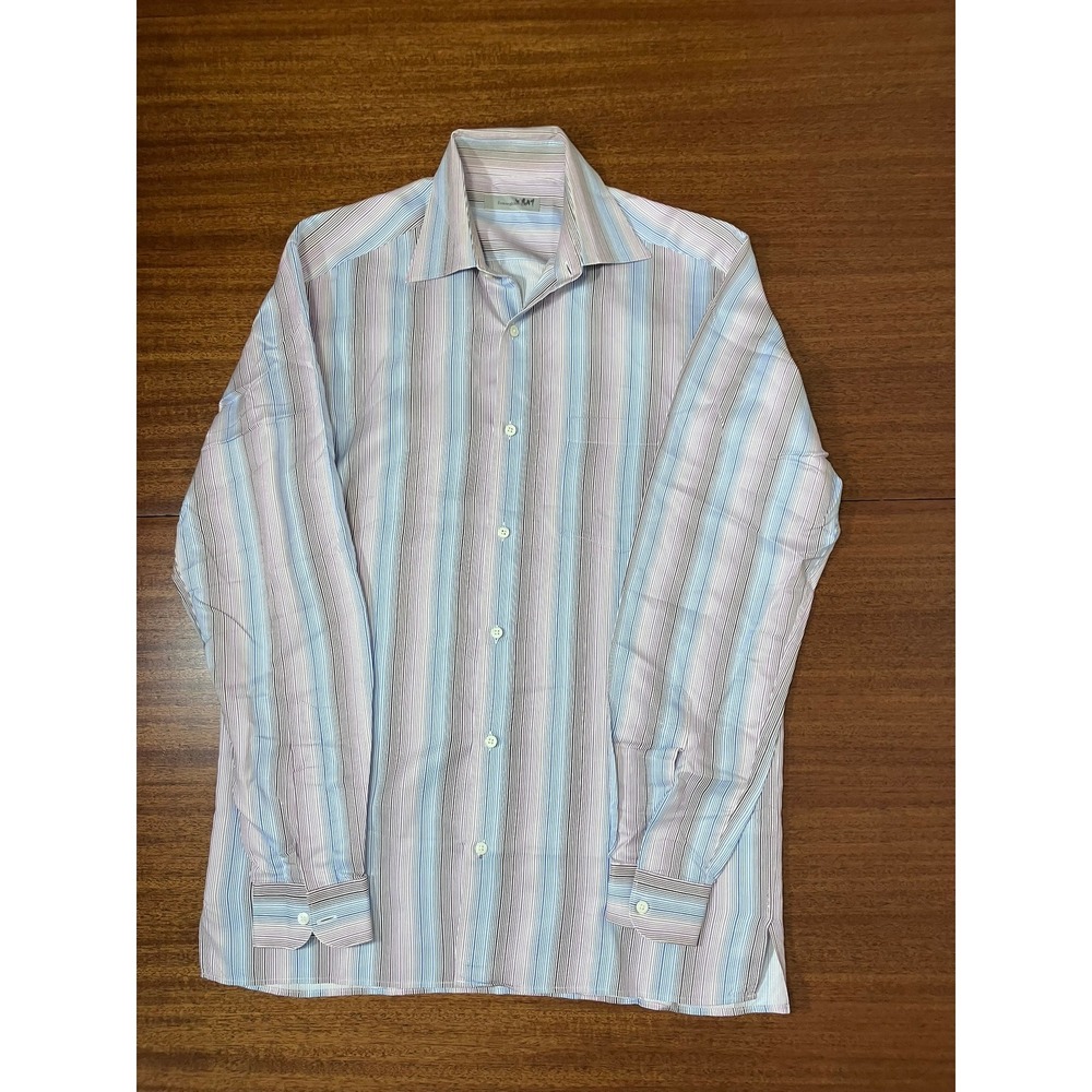 Ermenegildo Zegna Mens Blue Purple Striped Cotton Button Down Shirt Medium Italy